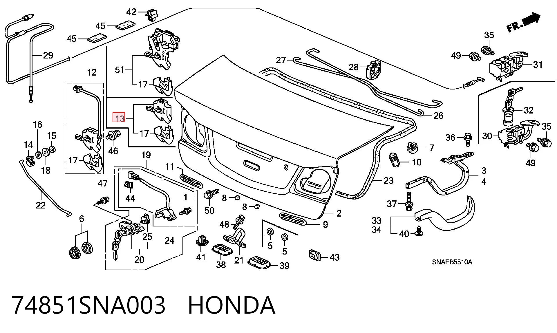 74851SNA003 Honda Fecho de tampa de porta-malas (de 3ª/5ª porta traseira)