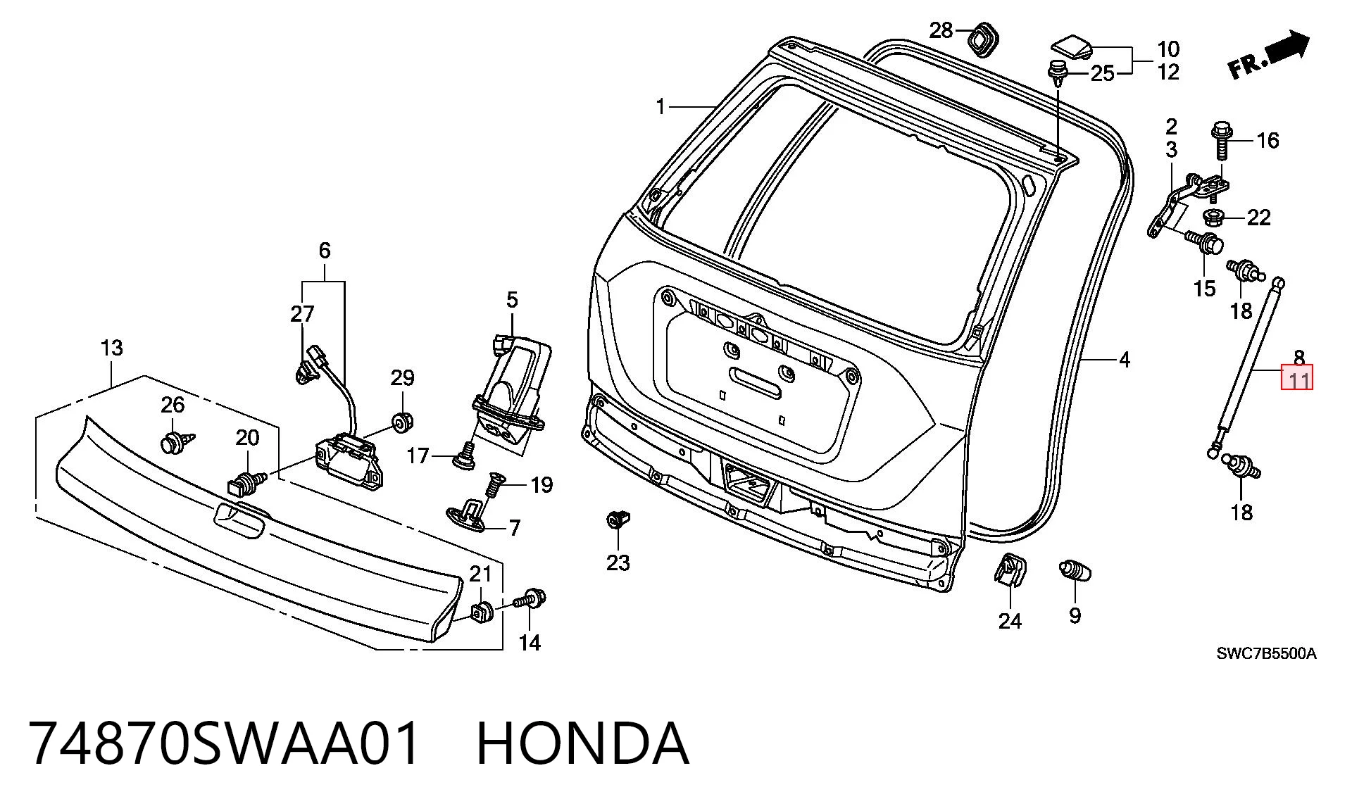 74870SWAA01 Honda Amortecedor de tampa de porta-malas (de 3ª/5ª porta traseira)