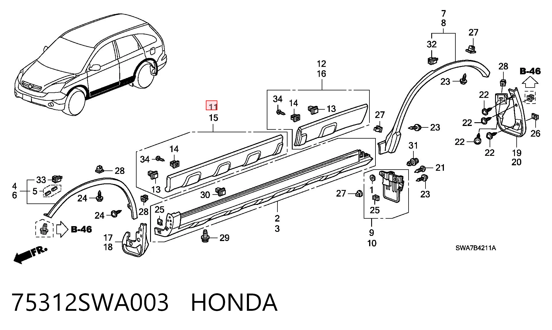 75312SWA003 Honda Placa sobreposta da porta dianteira direita