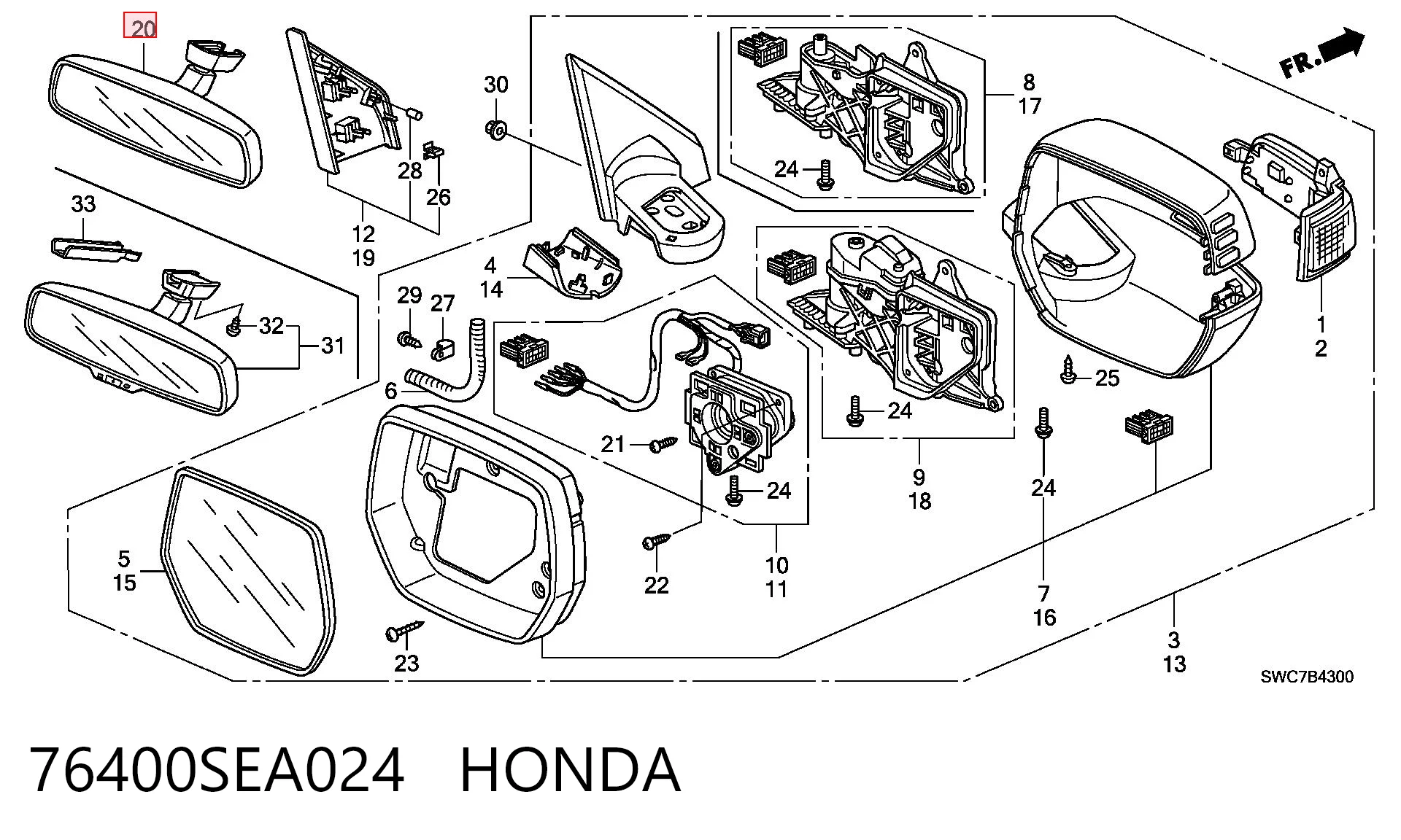 Espelho de salão interno para Honda Civic VIII FD, FA