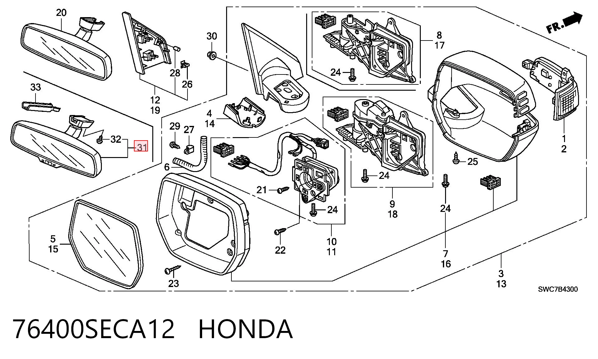 Espelho de salão interno para Honda CR-V IV RM