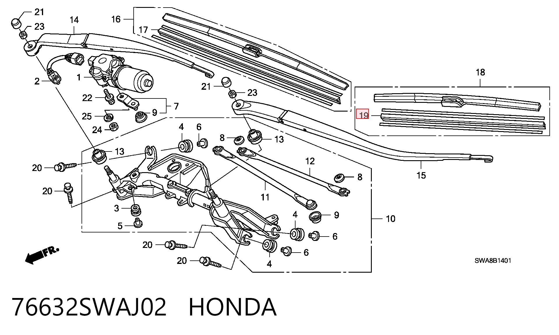 76632SWAJ02 Honda Elástico da escova de limpador pára-brisas de passageiro