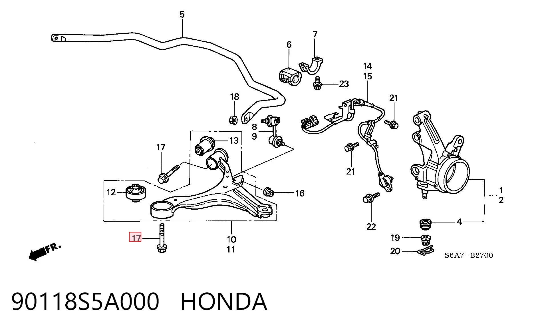 90118S5A000 Honda Parafuso de fixação de braço oscilante dianteiro, inferior