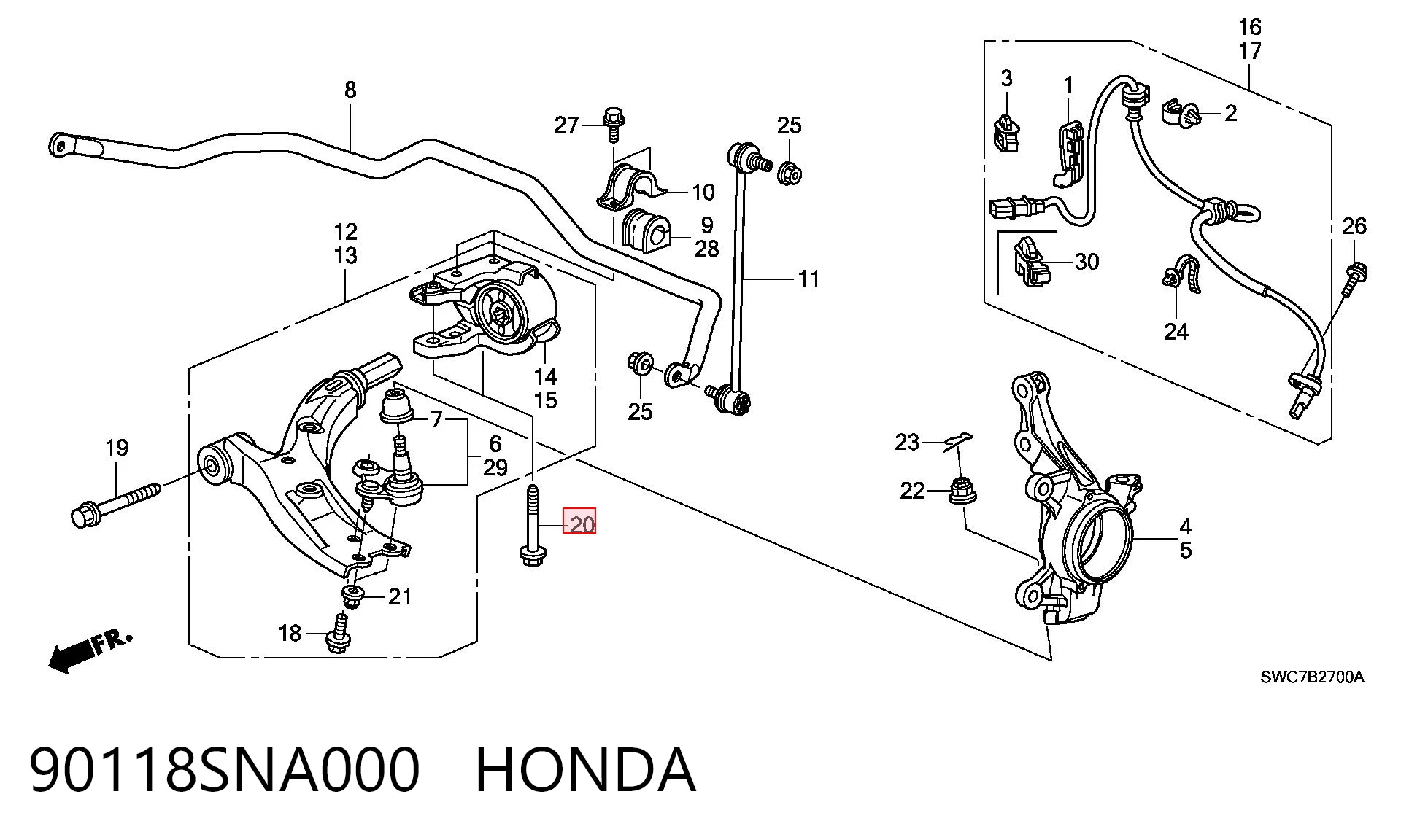 90118SNA000 Honda Parafuso de fixação de braço oscilante dianteiro, inferior