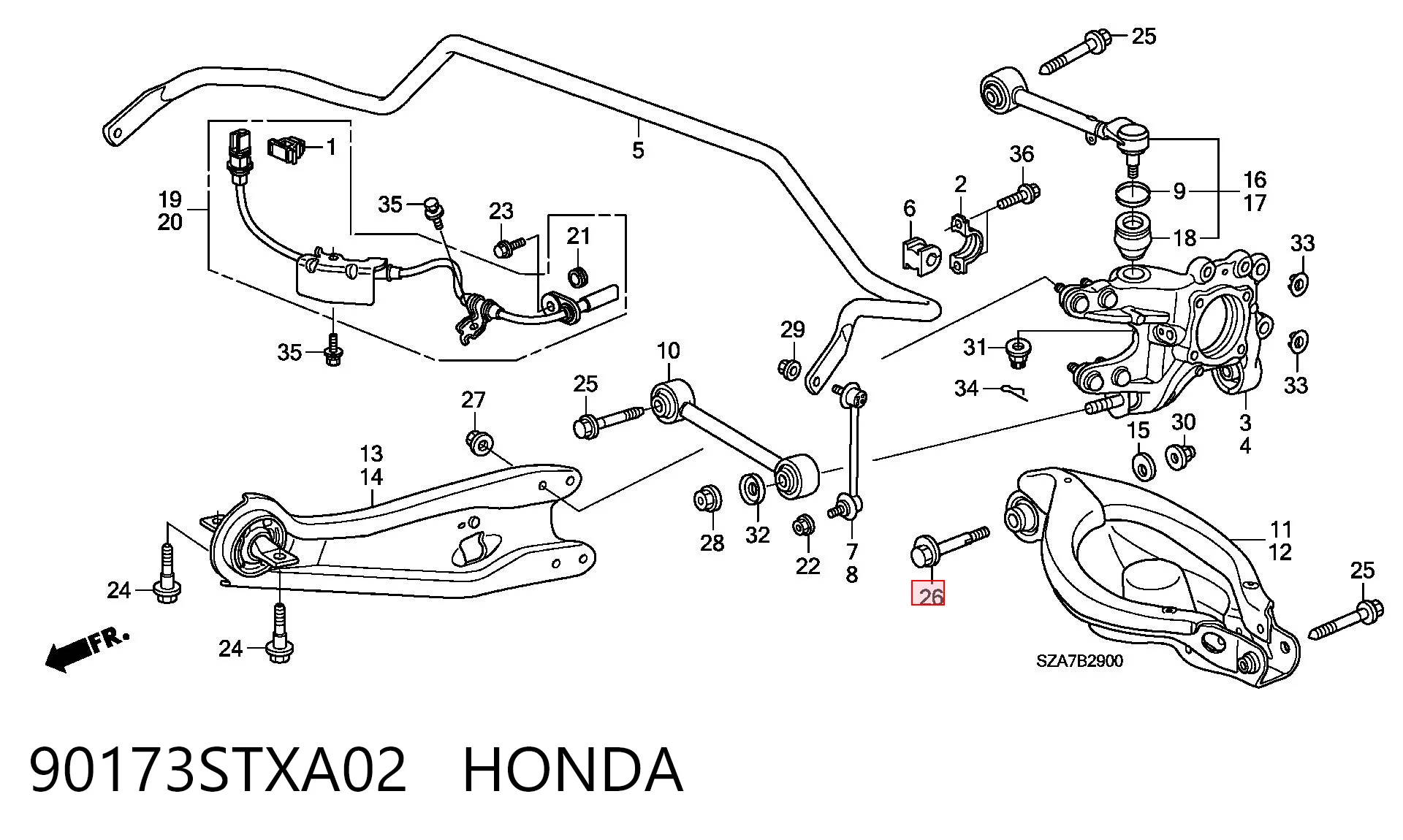 90173STXA02 Honda Parafuso de fixação de braço oscilante de inclinação traseiro, interno