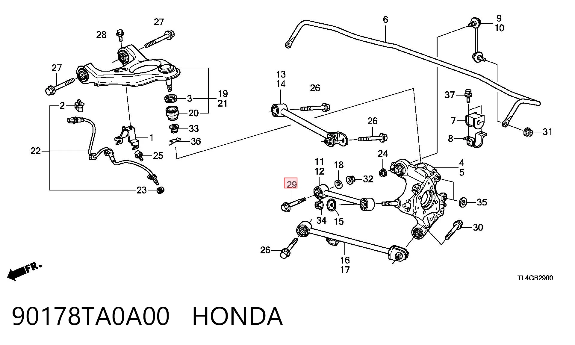 90178TA0A00 Honda Parafuso de fixação de braço oscilante de inclinação traseiro, interno