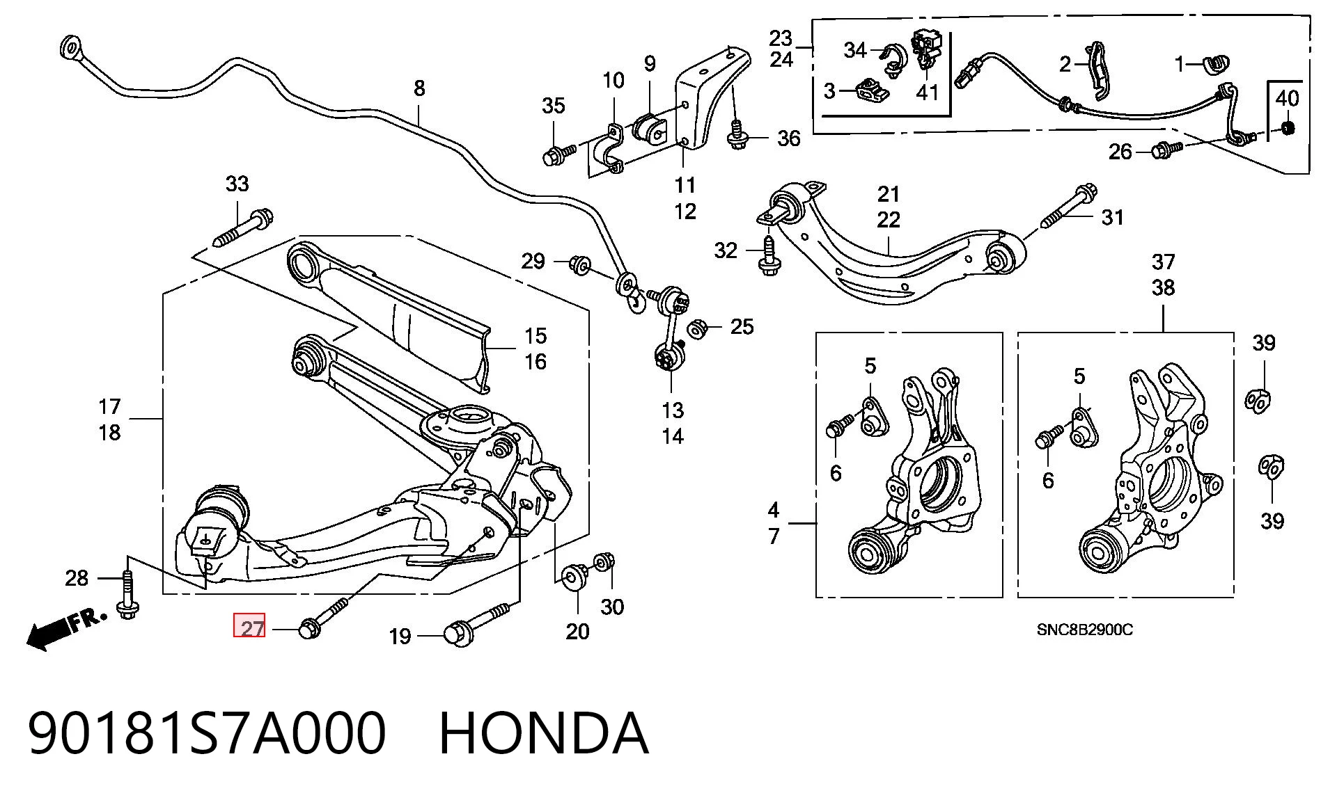 90181S7A000 Honda Parafuso de fixação do braço oscilante inferior traseiro, externo