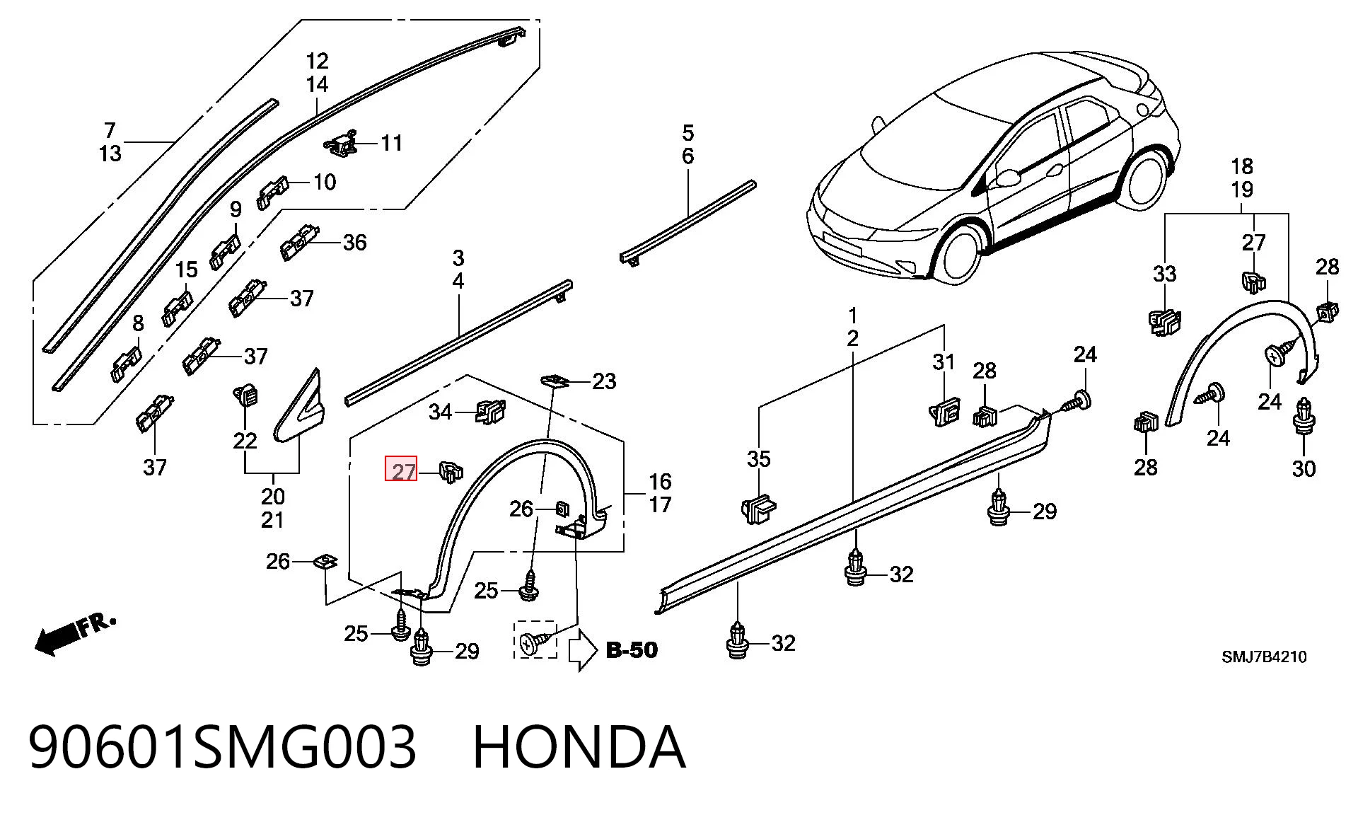 90601SMG003 Honda Braçadeira de moldura do pára-lama