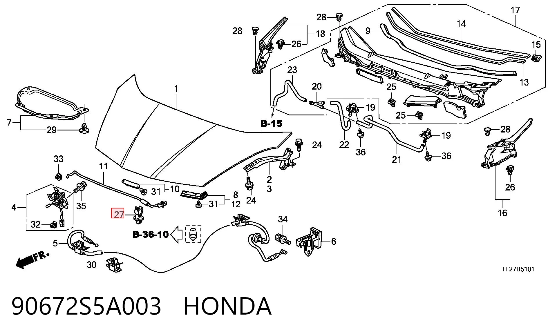 90672S5A003 Honda Fixador de suporte da capota