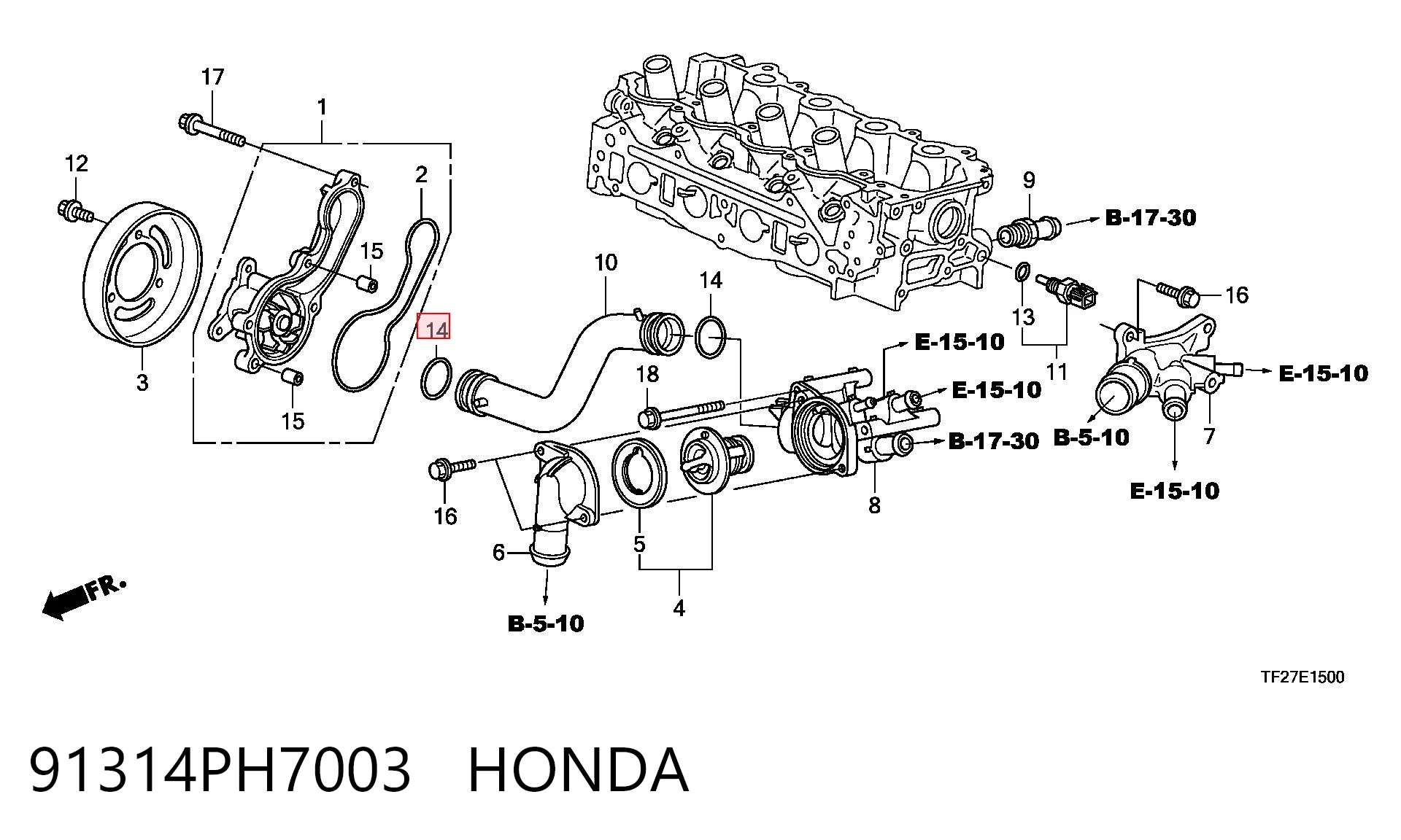 91314PH7003 Honda Anel de vedação de cano derivado do radiador