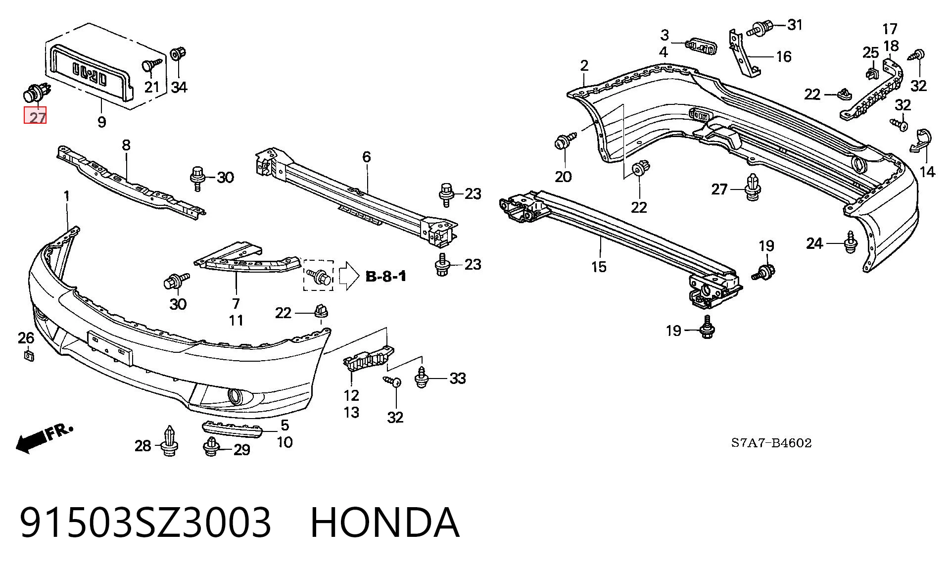 91503SZ3003 Honda Cápsula (prendedor) de fixação do pára-choque traseiro