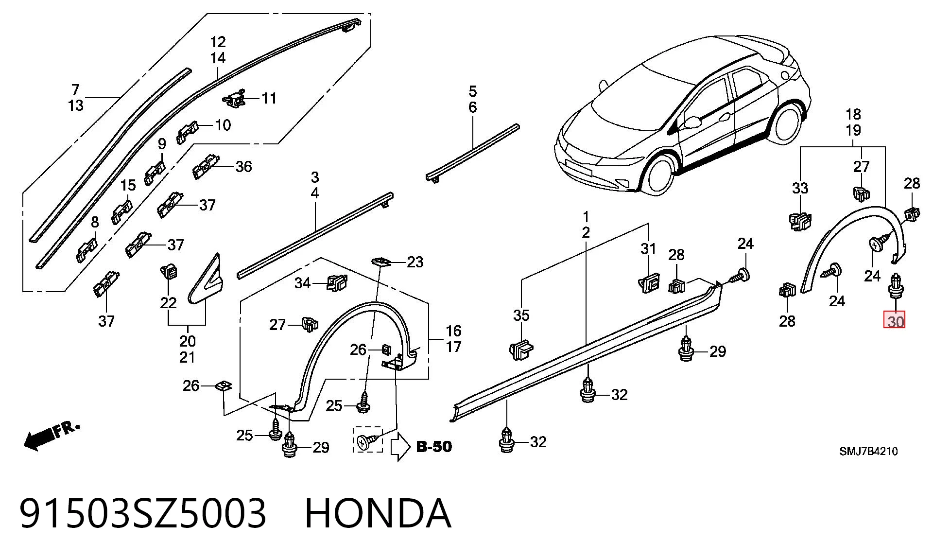 91503SZ5003 Honda Cápsula (prendedor) de fixação do pára-choque dianteiro