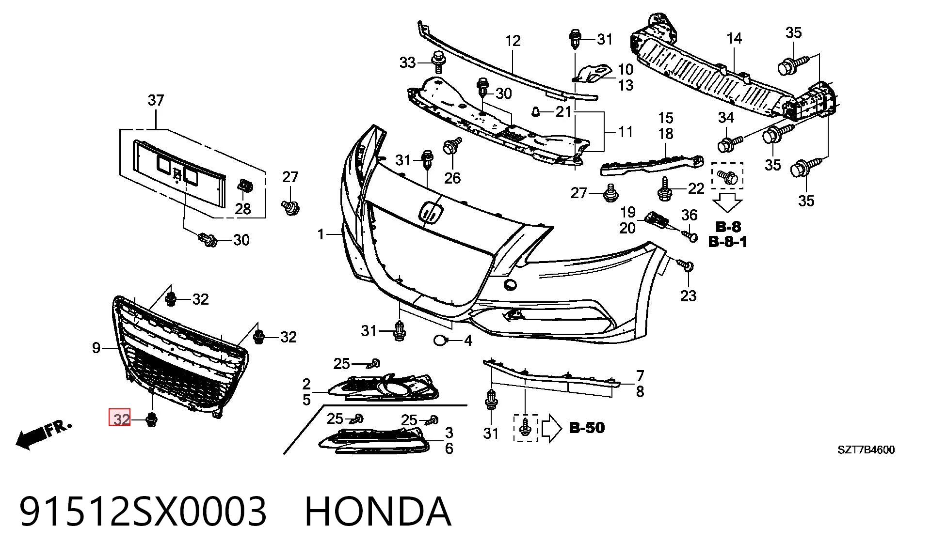 91512SX0003 Honda Cápsula (prendedor) de fixação do forro do pára-choque do pára-lama dianteiro