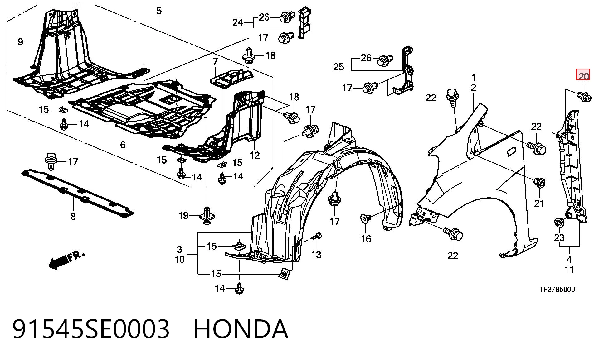 91545SE0003 Honda Cápsula (prendedor) de fixação do pára-choque dianteiro