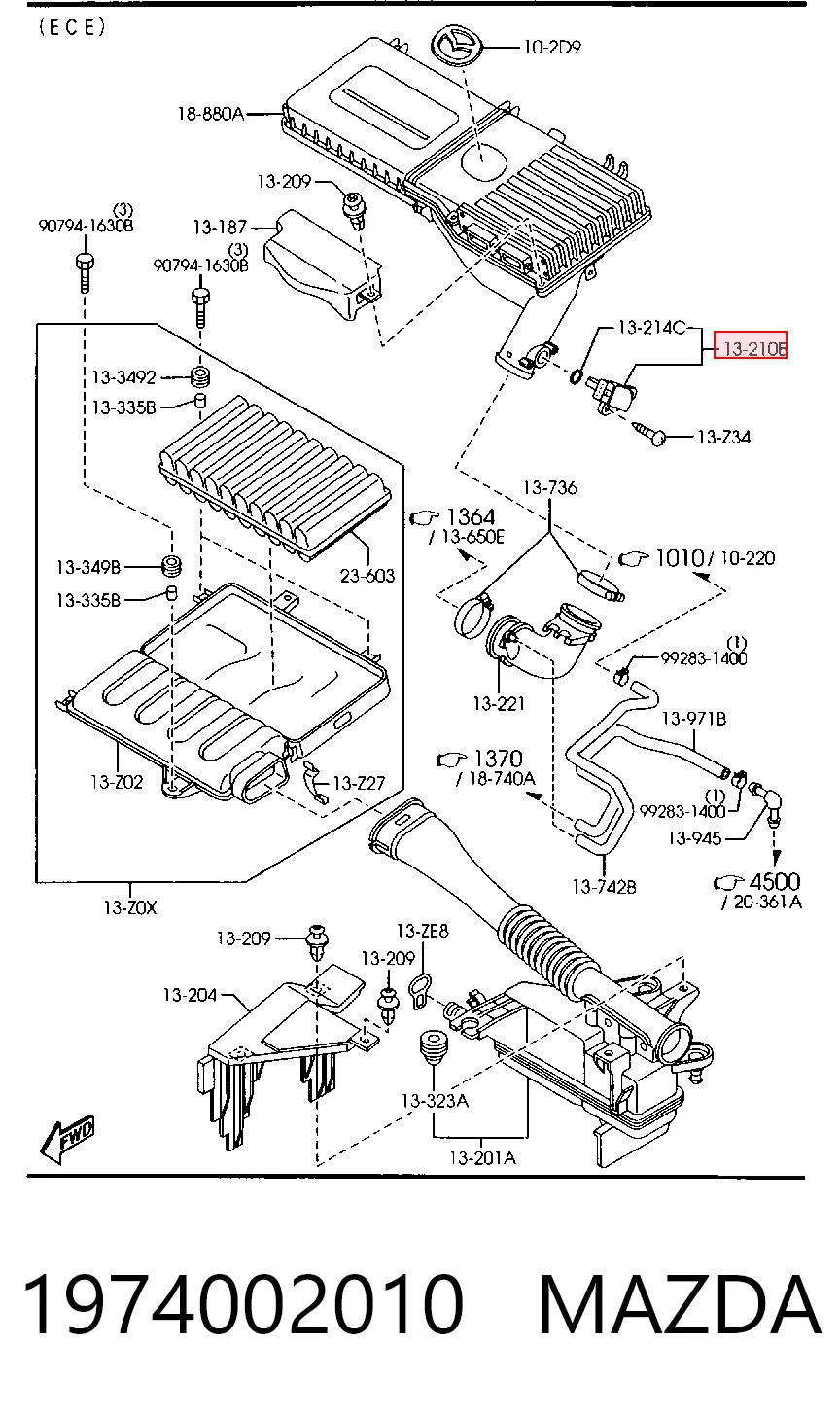 1974002010 Mazda Sensor de fluxo (consumo) de ar, medidor de consumo M.A.F. - (Mass Airflow)