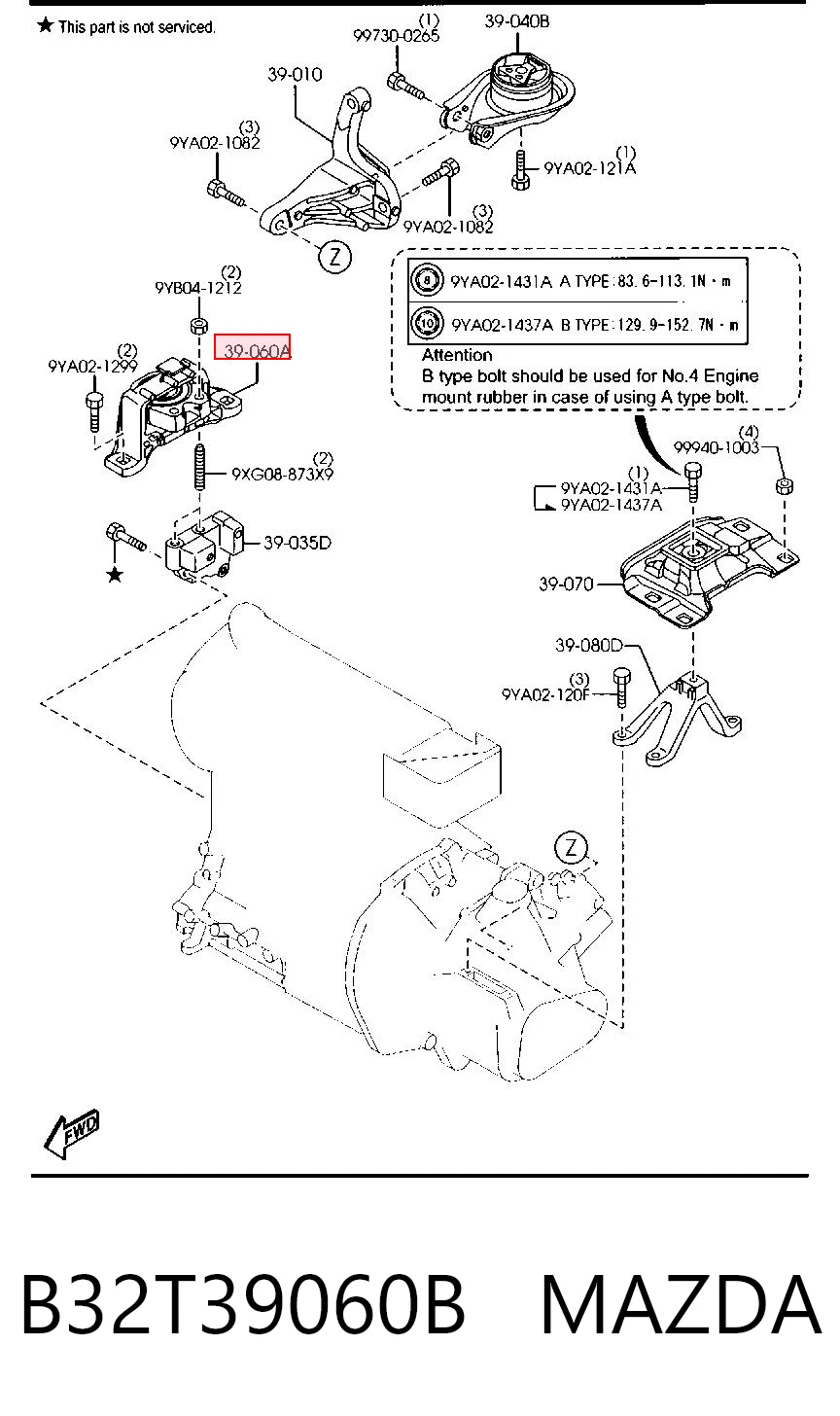 B32T39060B Mazda Coxim (suporte) direito de motor