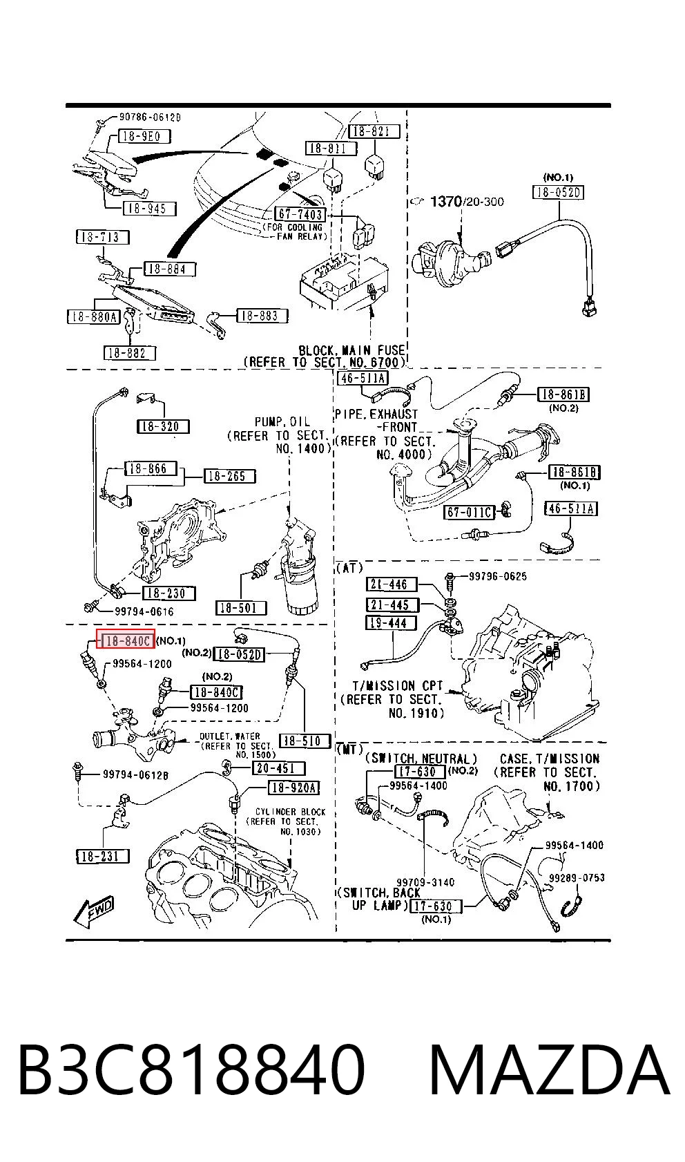 B3C818840 Mazda Sensor de temperatura do fluido de esfriamento
