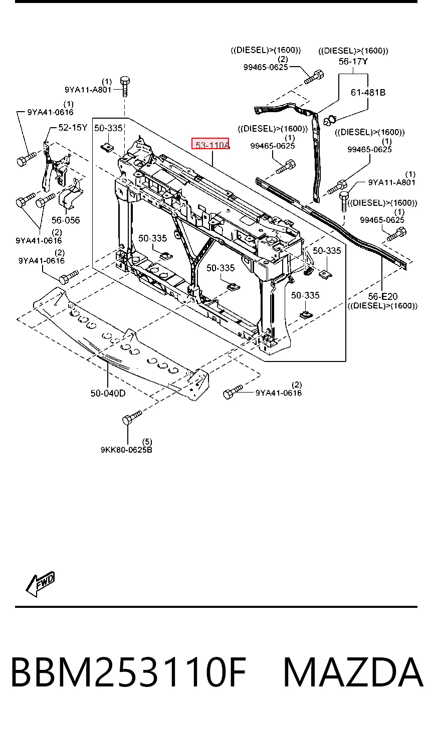 Suporte do radiador montado (painel de montagem de fixação das luzes) Mazda 3 sedan (BL) (2009 - 2013) 