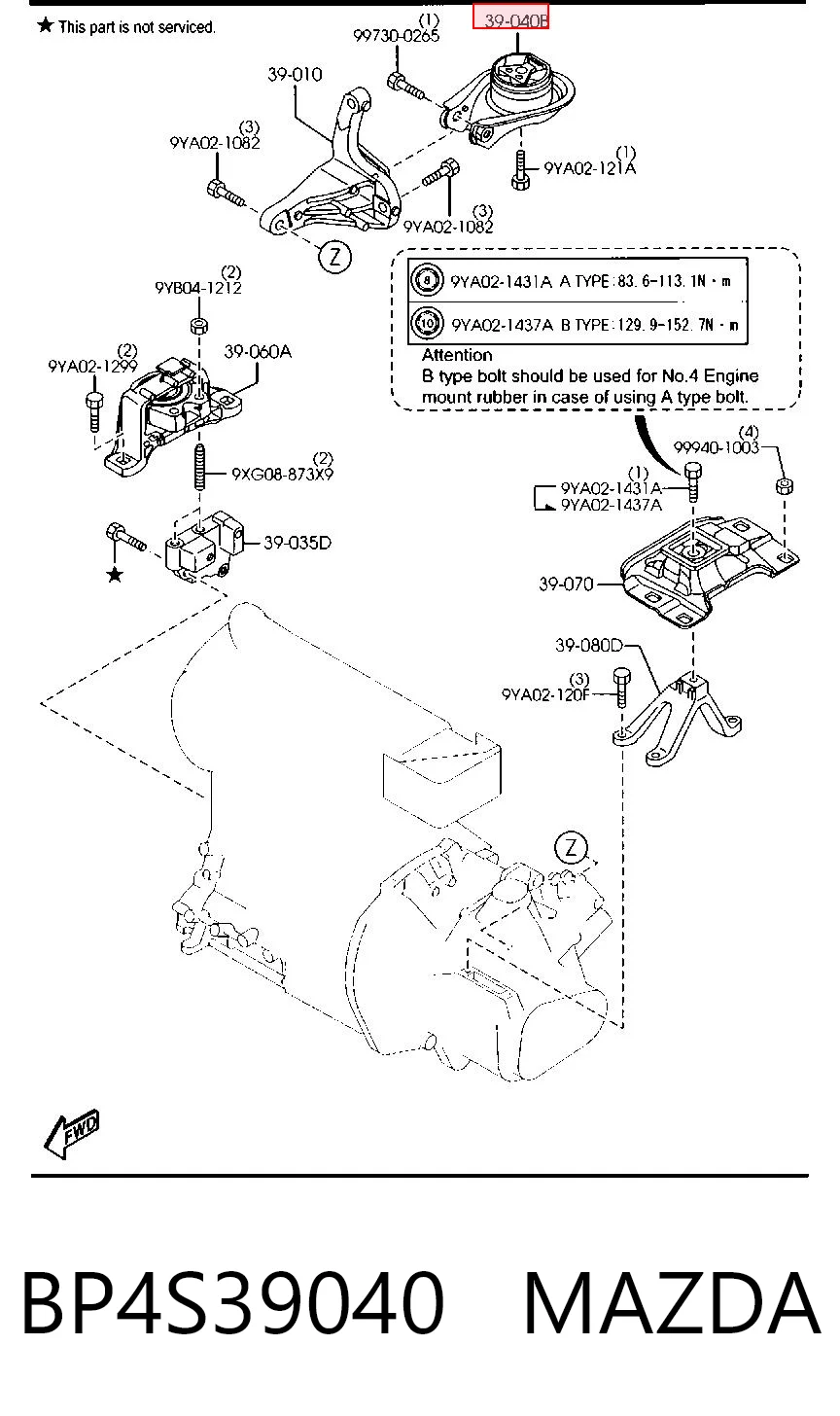 BP4S39040 Mazda Coxim (suporte) traseiro de motor