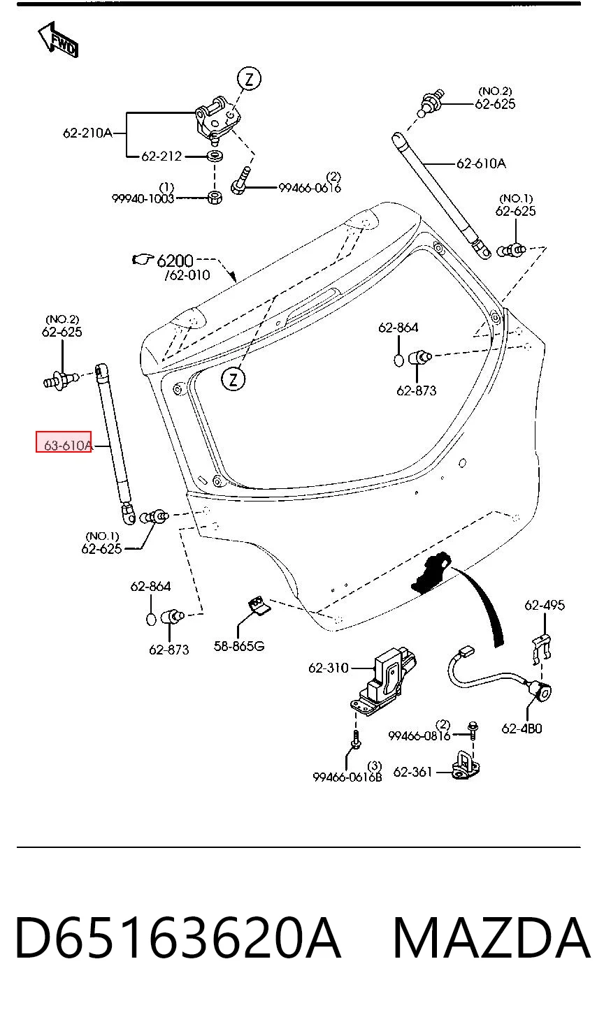 D65163620A Mazda Amortecedor de tampa de porta-malas (de 3ª/5ª porta traseira)