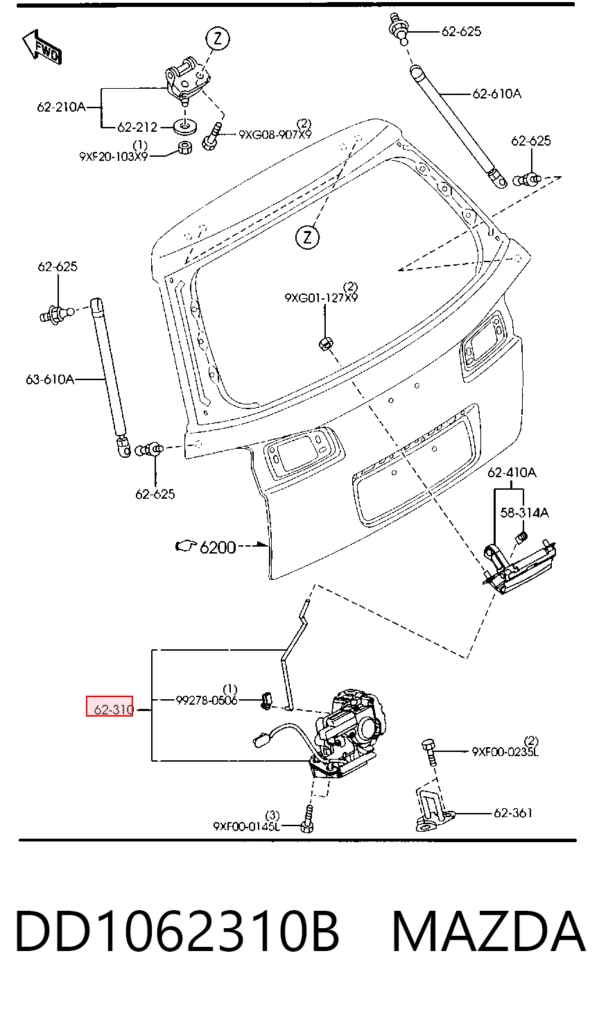 Fecho de tampa de porta-malas (de 3ª/5ª porta traseira) para Mazda 2 I DY