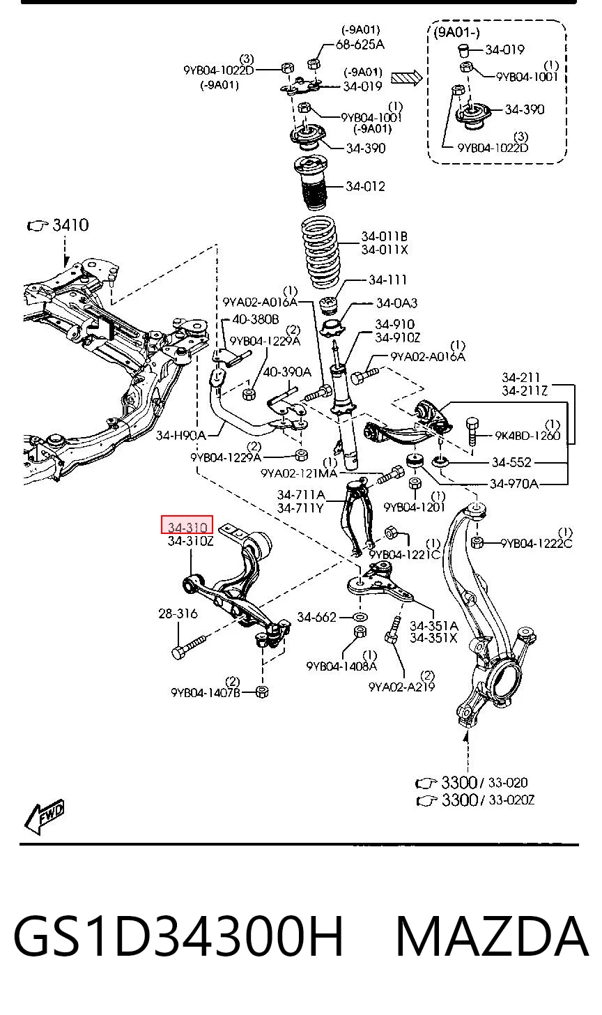 GS1D34300H Mazda Braço oscilante inferior direito de suspensão dianteira