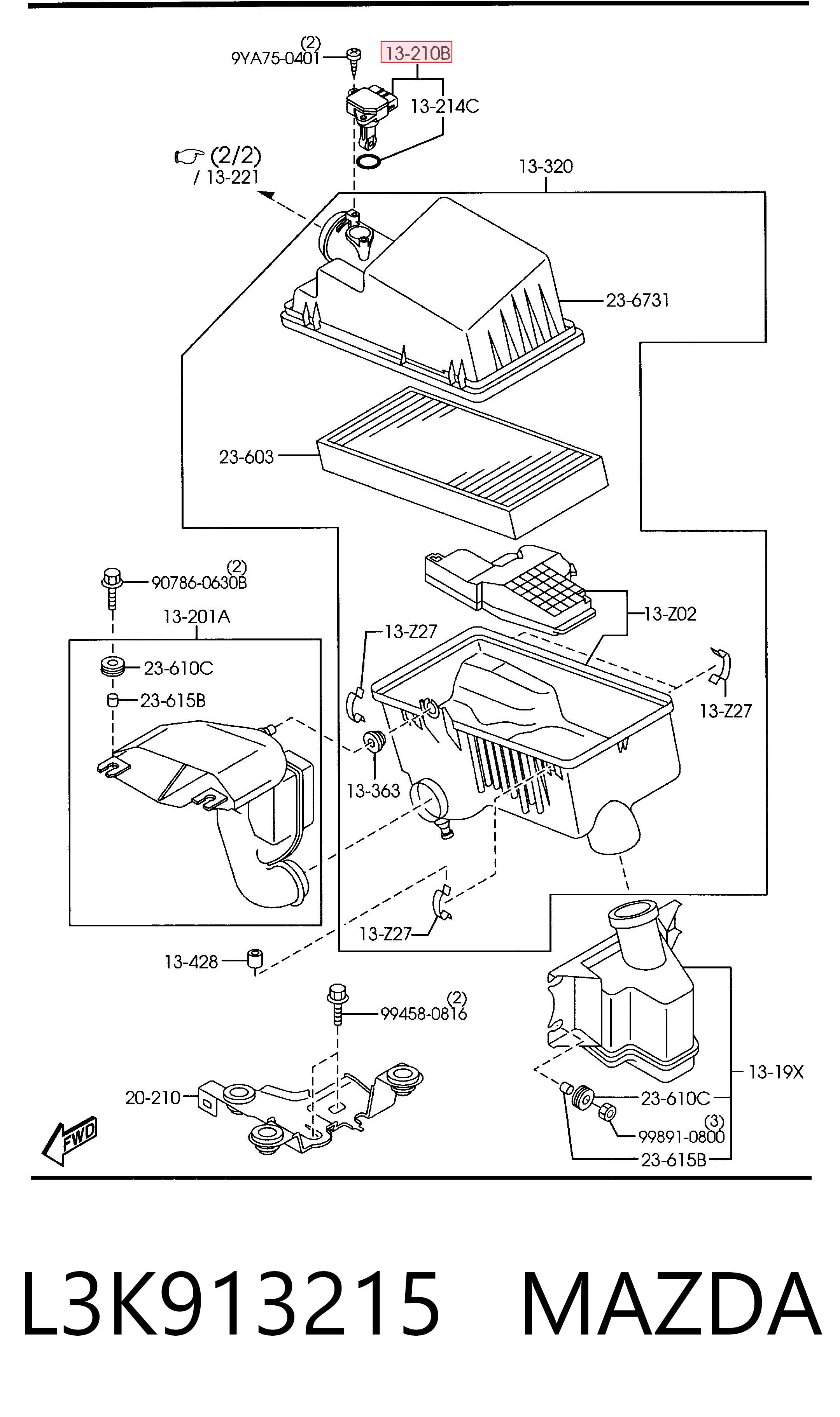 L3K913215 Mazda Sensor de fluxo (consumo) de ar, medidor de consumo M.A.F. - (Mass Airflow)