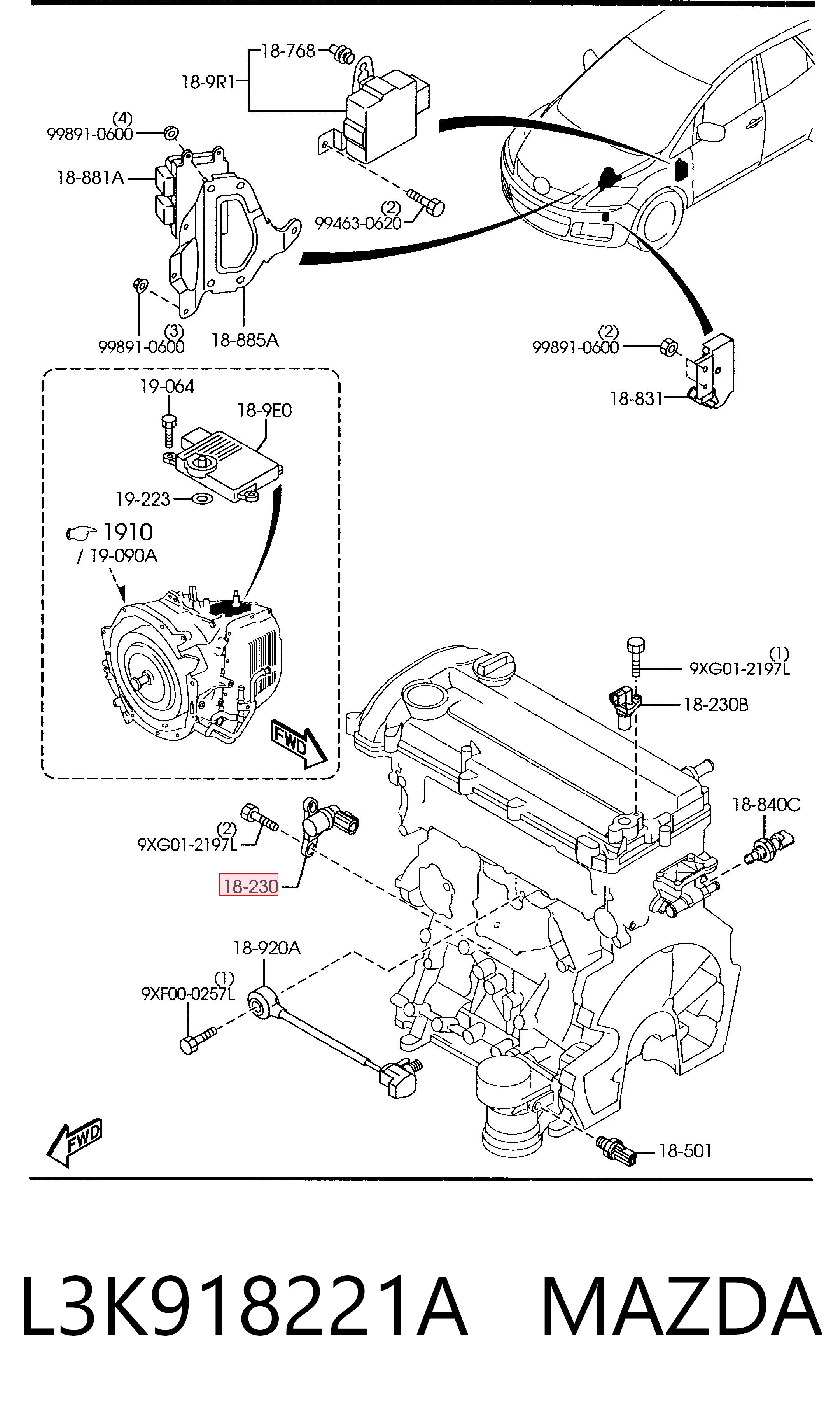 L3K918221A Mazda Sensor de posição (de revoluções) de cambota