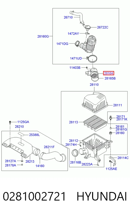 0281002721 Hyundai/Kia Sensor de fluxo (consumo) de ar, medidor de consumo M.A.F. - (Mass Airflow)