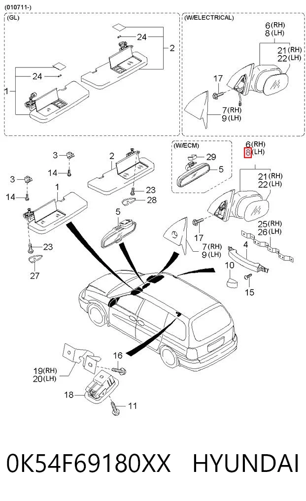 Espelho de retrovisão esquerdo para KIA Carnival II GQ