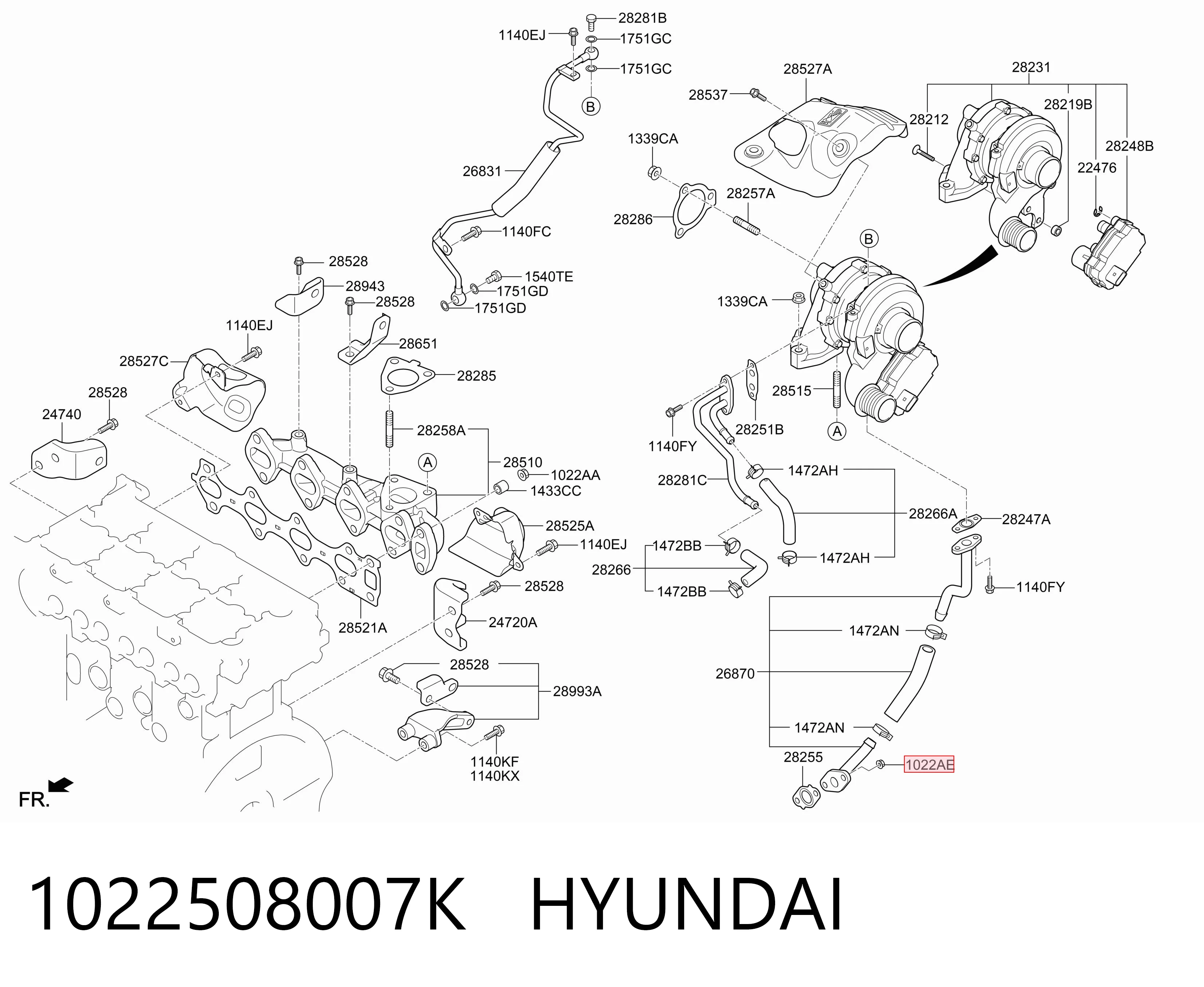 1022508007K Hyundai/Kia Porca de fixação de tubo de admissão do silenciador (de calças)