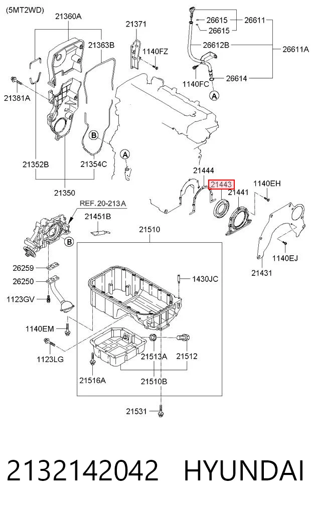 2132142042 Hyundai/Kia Vedação traseira de cambota de motor