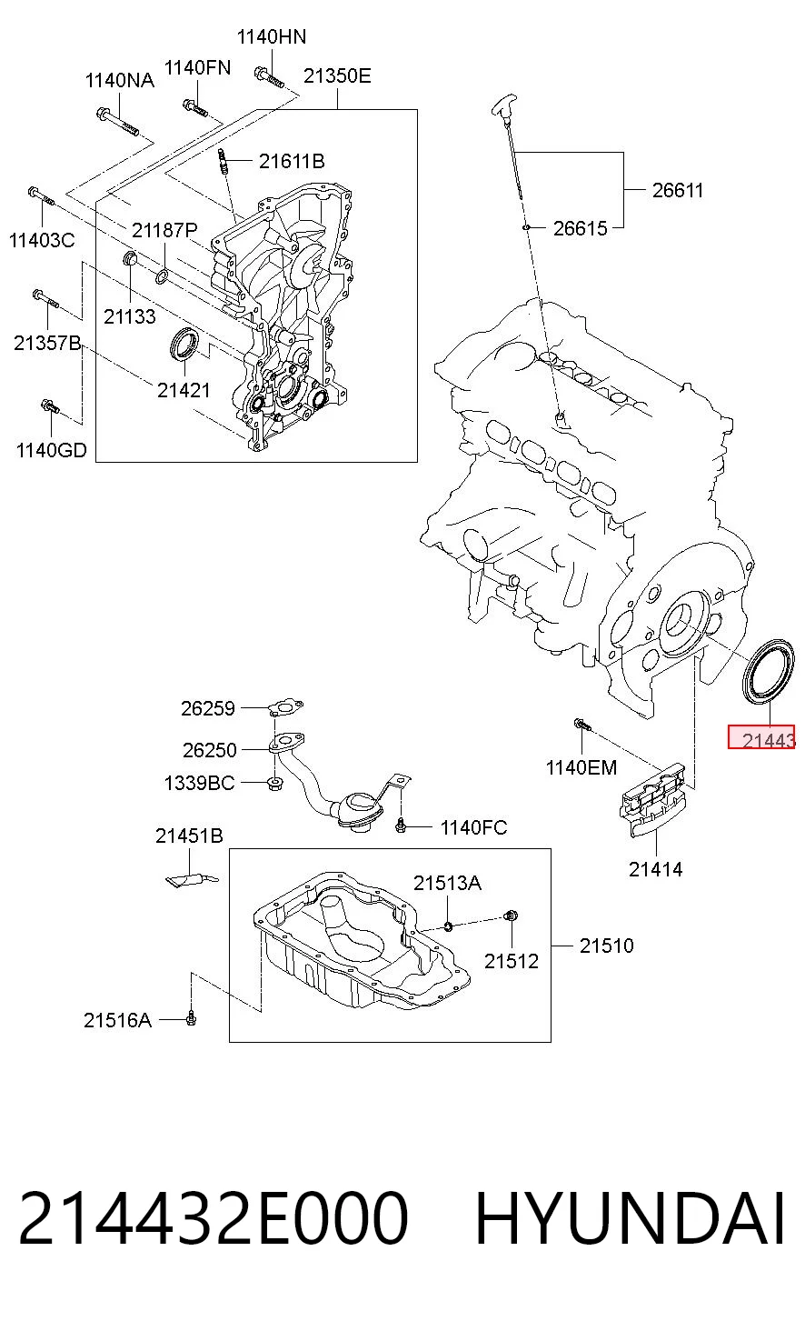214432E000 Hyundai/Kia Vedação traseira de cambota de motor