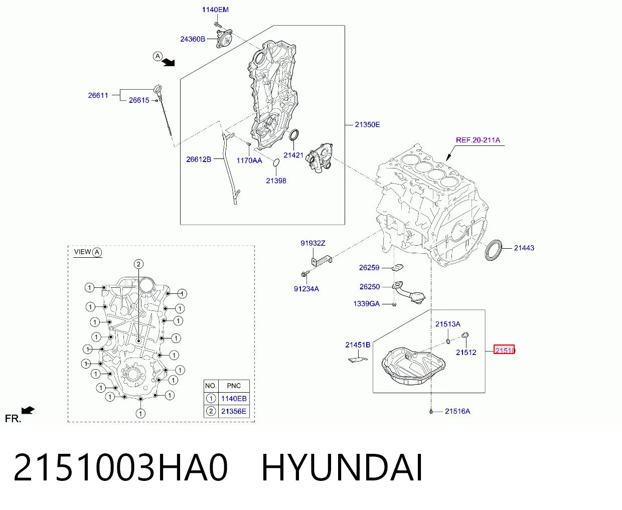 2151003HA0 Hyundai/Kia Panela de óleo de cárter do motor