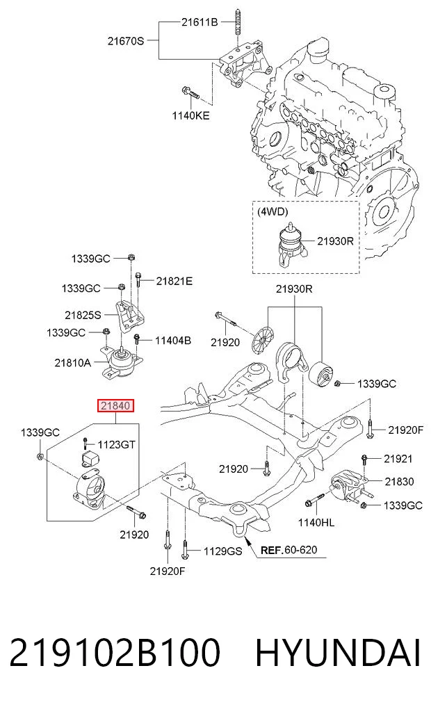 219102B100 Hyundai/Kia Coxim (suporte) dianteiro de motor