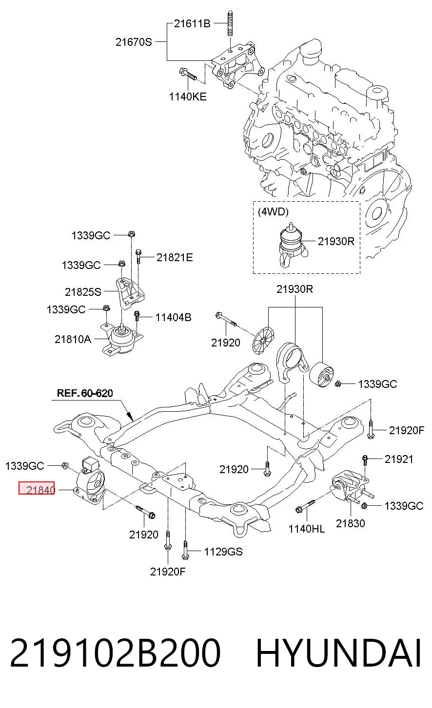 219102B200 Hyundai/Kia Coxim (suporte) dianteiro de motor