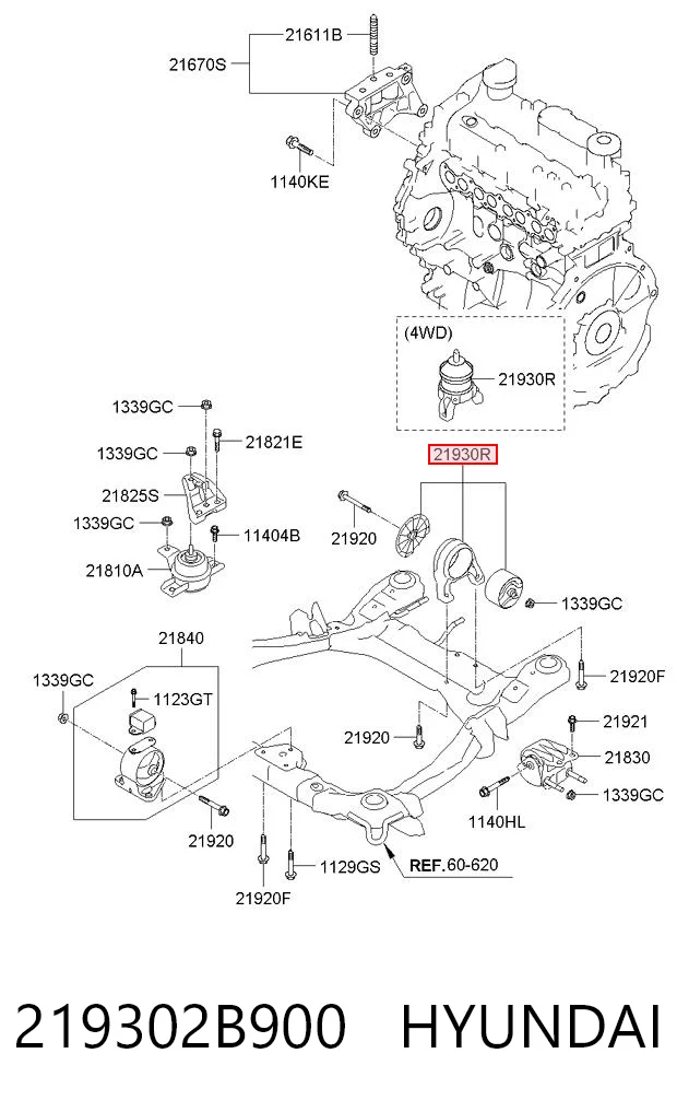 219302B900 Hyundai/Kia Coxim (suporte) traseiro de motor