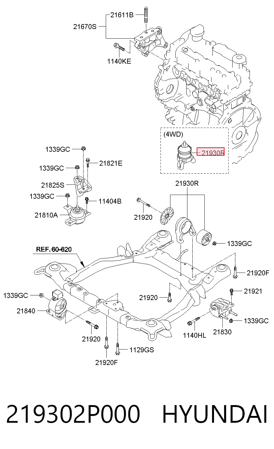 219302P000 Hyundai/Kia Coxim (suporte) traseiro de motor