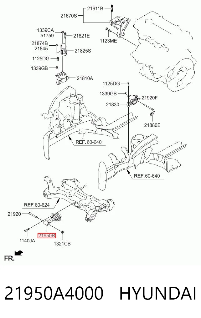21950A4000 Hyundai/Kia Coxim (suporte) dianteiro de motor