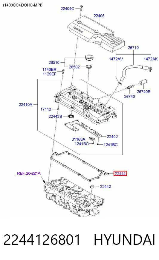 2244126801 Hyundai/Kia Vedante de tampa de válvulas de motor