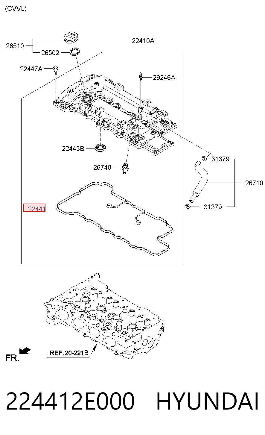 224412E000 Hyundai/Kia Vedante de tampa de válvulas de motor