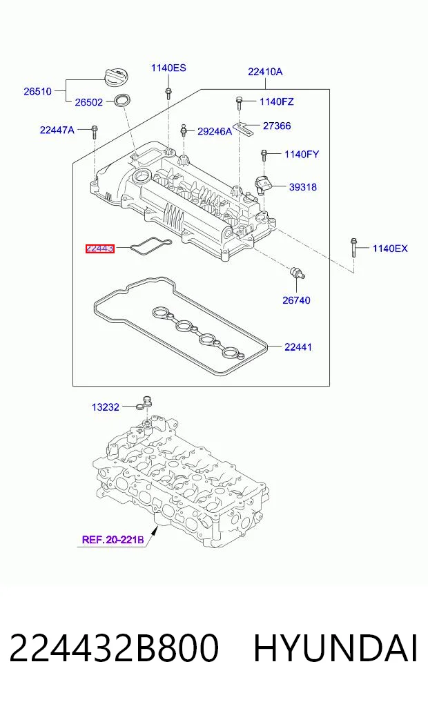 224432B800 Hyundai/Kia Vedante interno da tampa de válvulas de motor