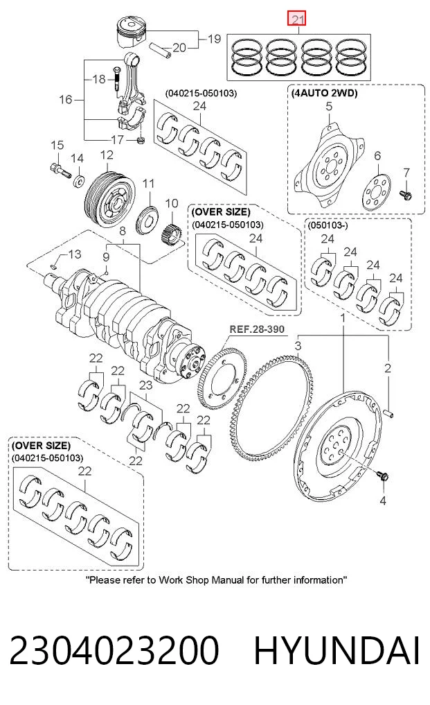 2304023200 Hyundai/Kia Kit de anéis de pistão de motor, STD.
