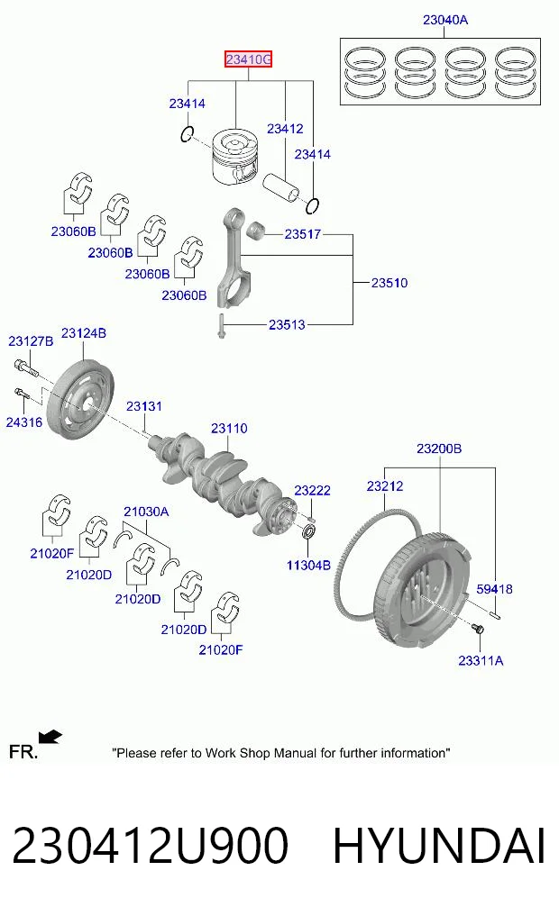 230412U900 Hyundai/Kia Pistão com passador sem anéis, STD
