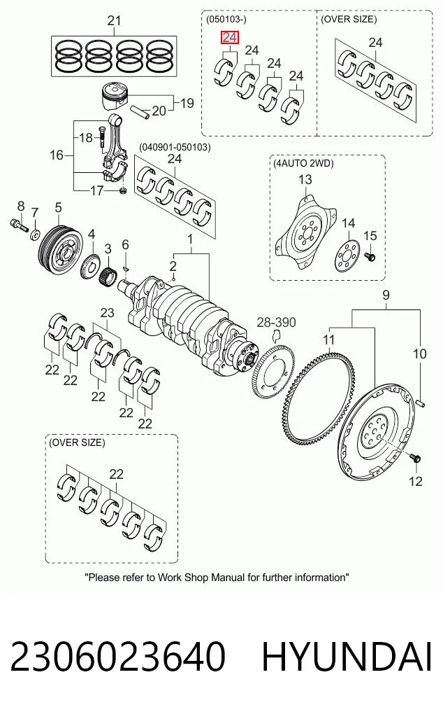 2306023640 Hyundai/Kia Folhas inseridas de cambota de biela, kit, padrão (STD)