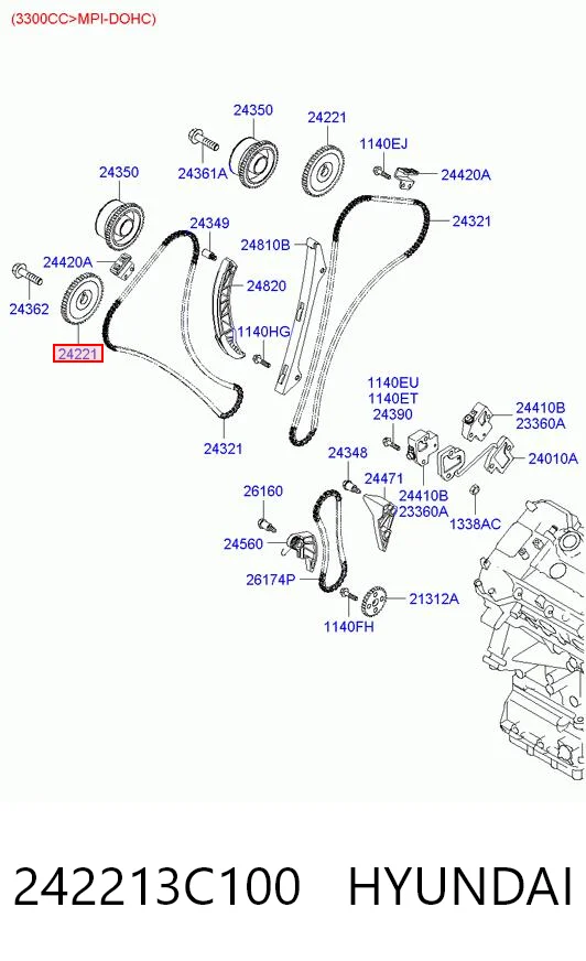 242213C100 Hyundai/Kia Engrenagem de cadeia da roda dentada da árvore distribuidora de motor