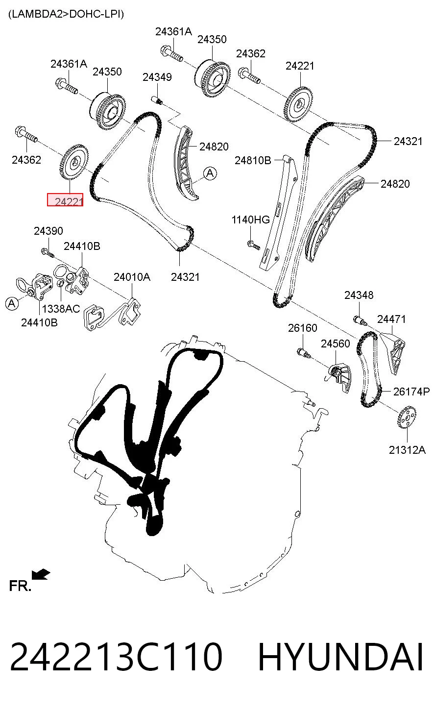 242213C110 Hyundai/Kia Engrenagem de cadeia da roda dentada da árvore distribuidora de motor