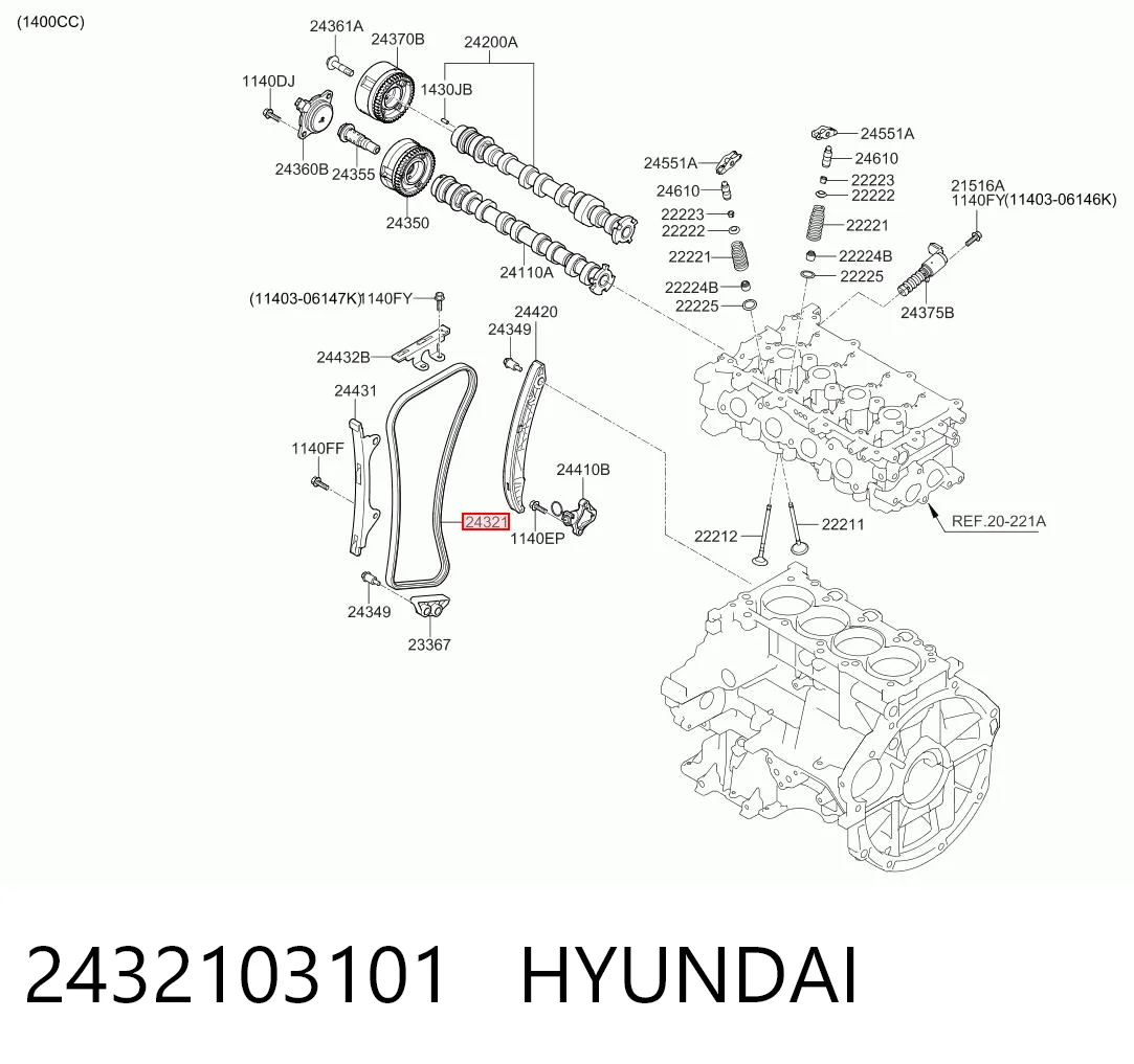  Cadeia do mecanismo de distribuição de gás Hyundai Accent V sedan (HC) (2017 - 2026) V