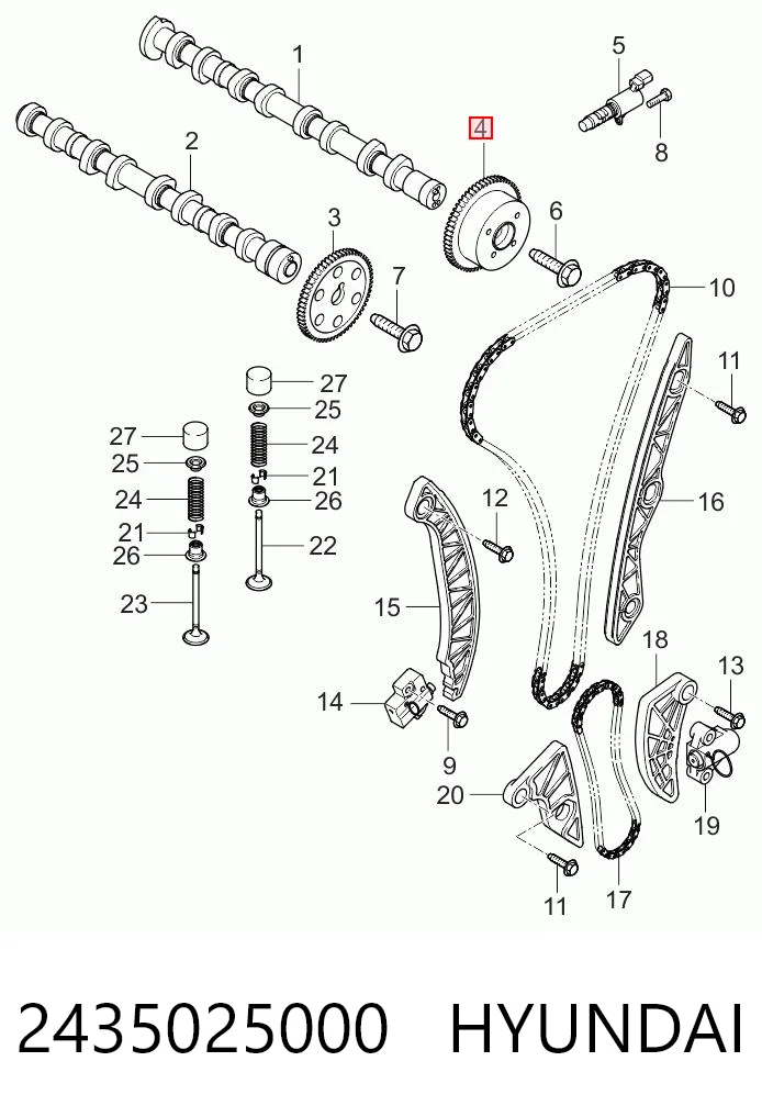 2435025000 Hyundai/Kia Engrenagem de cadeia de roda dentada da árvore distribuidora de admissão de motor