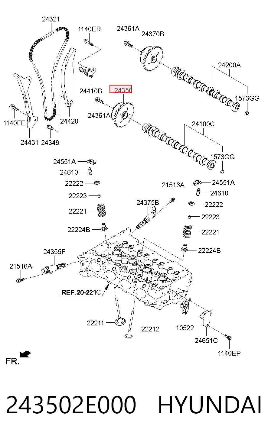 243502E000 Hyundai/Kia Engrenagem de cadeia de roda dentada da árvore distribuidora de admissão de motor